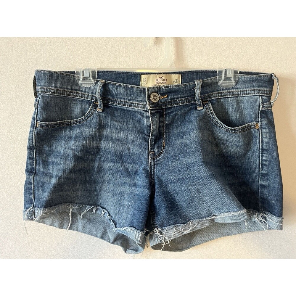 Hollister Midi Denim Shorts Size 13 W31 Medium Wash Frayed Hem
